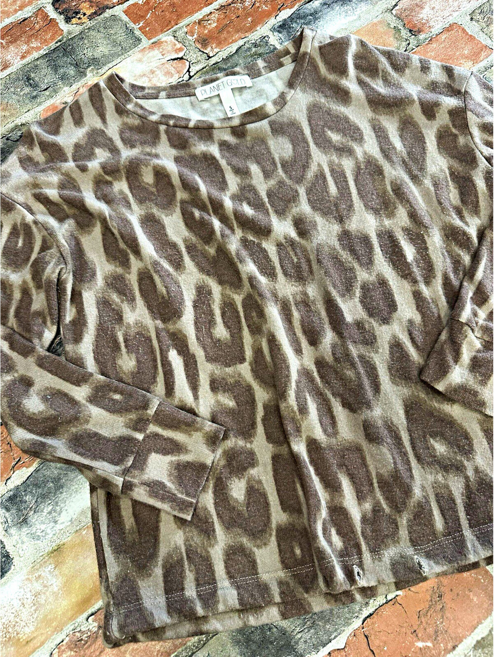 Womens S Brown/Beige Animal Print Crew Neck LS Pullover